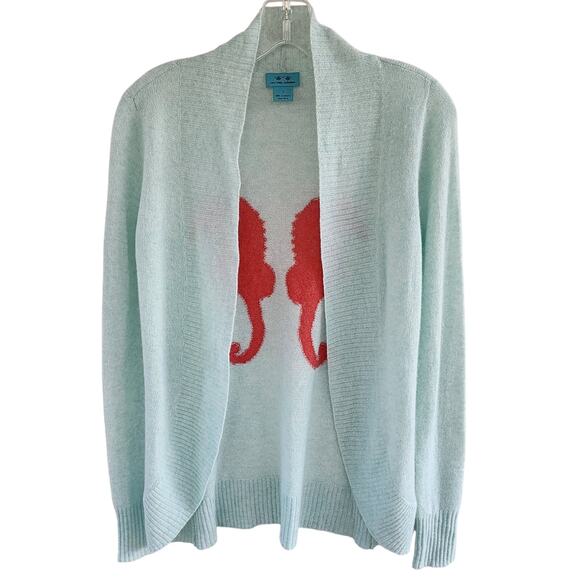 NEW Two Bees Cashmere Cardigan sz Small Light Aqua with Coral Seahorses Reg $297 - Picture 2 of 5